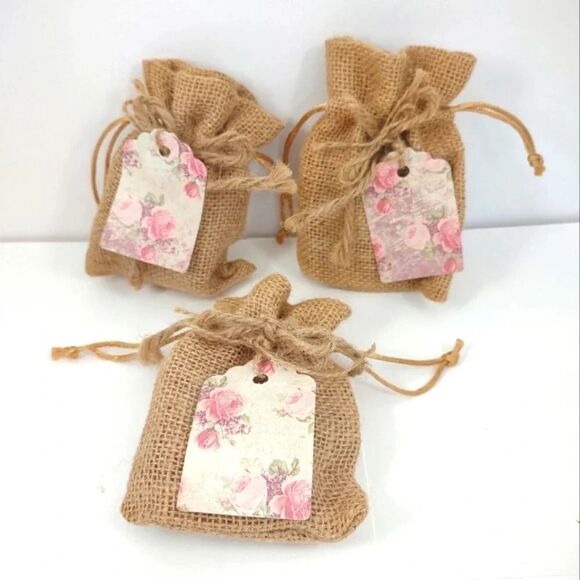 Natural Burlap Favor Drawstring Bags with Gift Tag lot of 3 - Picture 1 of 8
